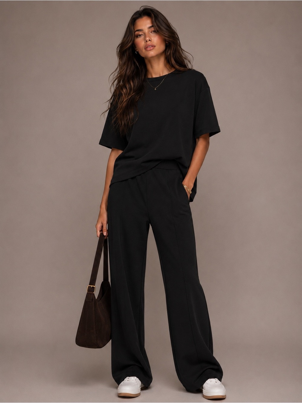 NWT Short Sleeve Oversize Soft Scuba Knit Top & Pant Set - Black